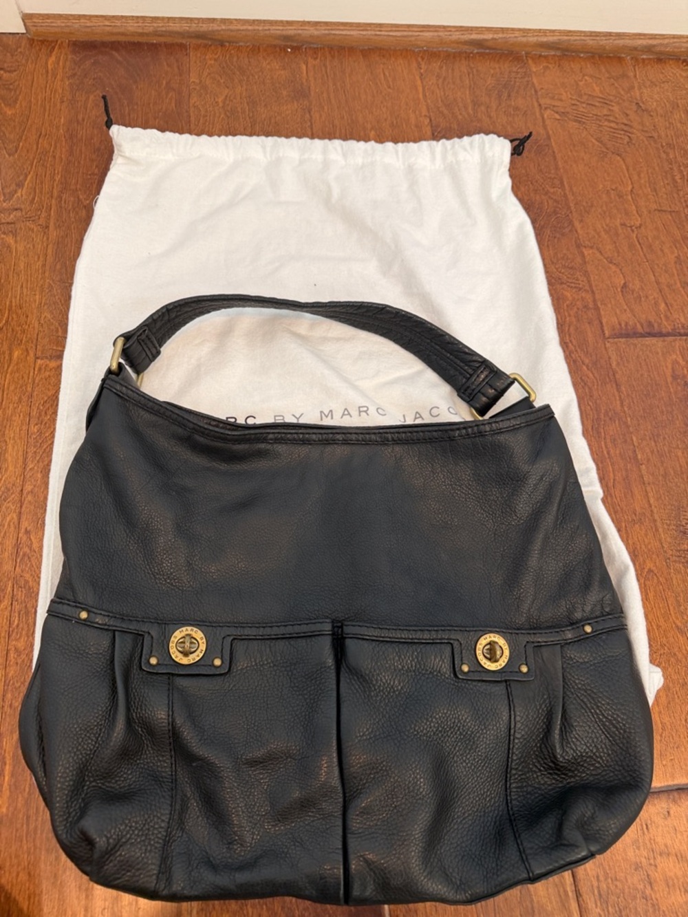 Marc by Marc Jacobs Black Leather Shoulder Bag with Gold-Tone Accents